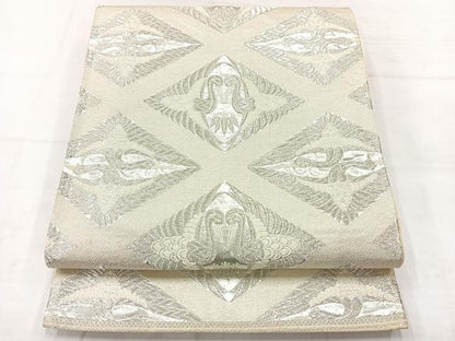 平和屋着物◎六通柄袋帯　唐織　双鶴菱文　銀糸　正絹　逸品　AABC9122uk