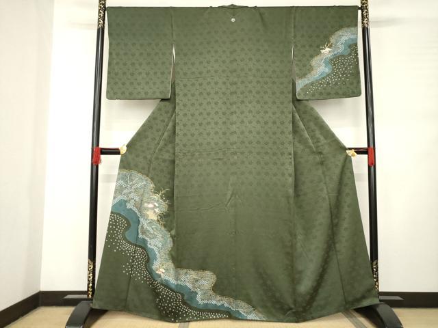 平和屋着物●訪問着　絞り　刺繍　流水花文　金彩　正絹　逸品　AABC9227ck