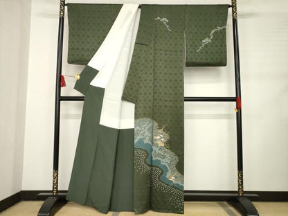 平和屋着物●訪問着　絞り　刺繍　流水花文　金彩　正絹　逸品　AABC9227ck