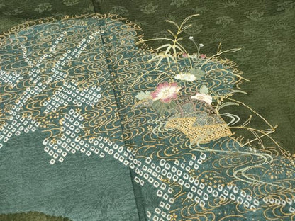 平和屋着物●訪問着　絞り　刺繍　流水花文　金彩　正絹　逸品　AABC9227ck