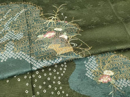 平和屋着物●訪問着　絞り　刺繍　流水花文　金彩　正絹　逸品　AABC9227ck