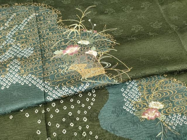平和屋着物●訪問着　絞り　刺繍　流水花文　金彩　正絹　逸品　AABC9227ck
