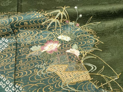 平和屋着物●訪問着　絞り　刺繍　流水花文　金彩　正絹　逸品　AABC9227ck