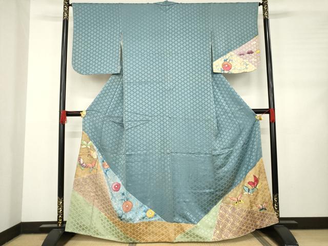 平和屋着物●訪問着 刺繍 花蝶唐草文 金糸 金彩 正絹 逸品 AABC9267ck