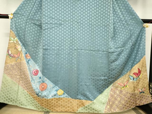 平和屋着物●訪問着 刺繍 花蝶唐草文 金糸 金彩 正絹 逸品 AABC9267ck