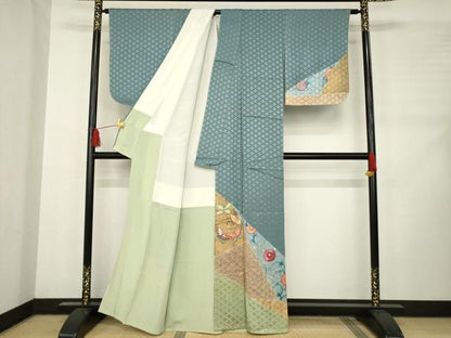 平和屋着物●訪問着 刺繍 花蝶唐草文 金糸 金彩 正絹 逸品 AABC9267ck
