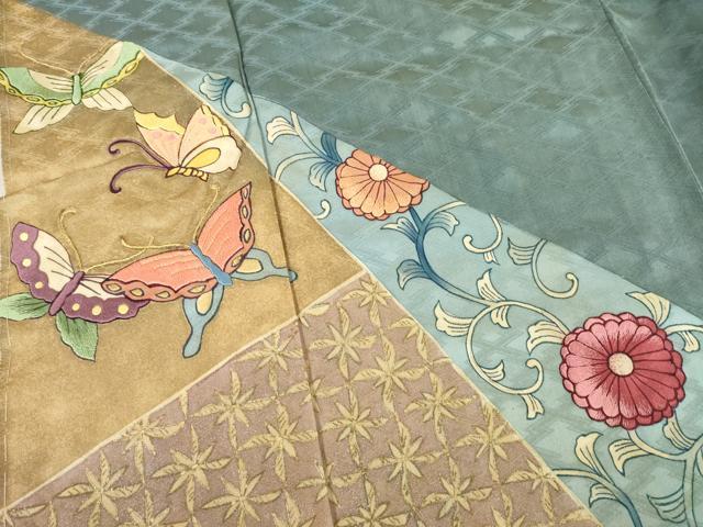 平和屋着物●訪問着 刺繍 花蝶唐草文 金糸 金彩 正絹 逸品 AABC9267ck