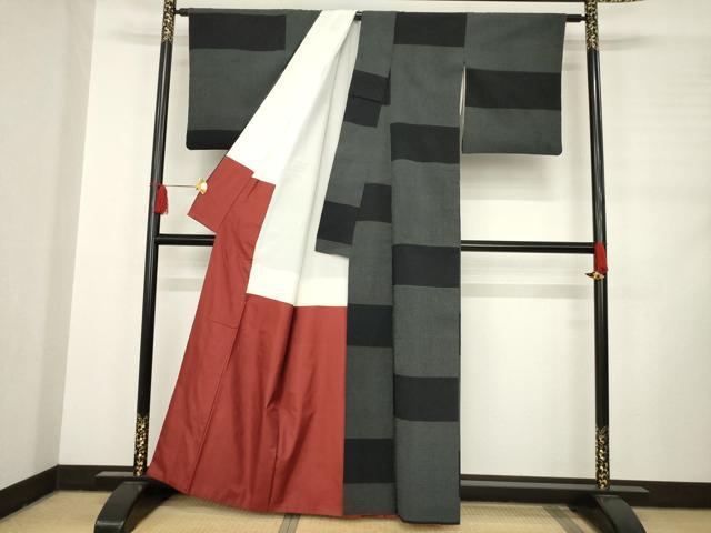 平和屋着物●本塩沢　横段文　黒地　正絹　逸品　AABC9270ck