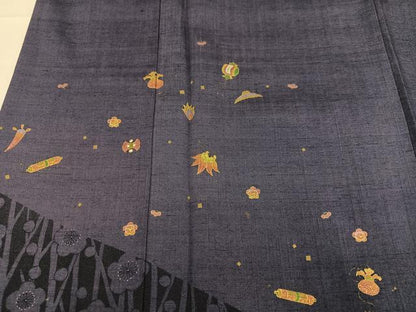 平和屋着物●訪問着 紬地 枝梅宝尽くし 金彩 正絹 逸品 AABC9286ph