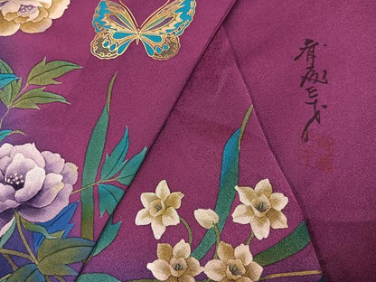 平和屋着物●染色作家 斉藤三才 訪問着 花蝶文 暈し染め 金彩 正絹 逸品 未使用 AABC9328ph