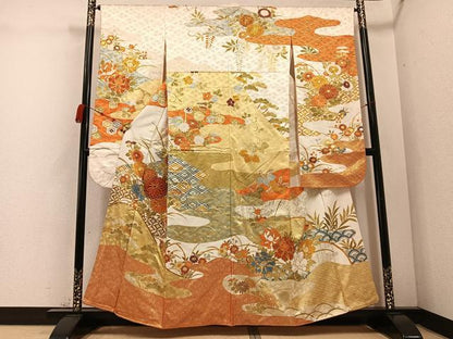 平和屋着物●豪華振袖 駒刺繍 草花文 金彩 正絹 逸品 AABC9329ph