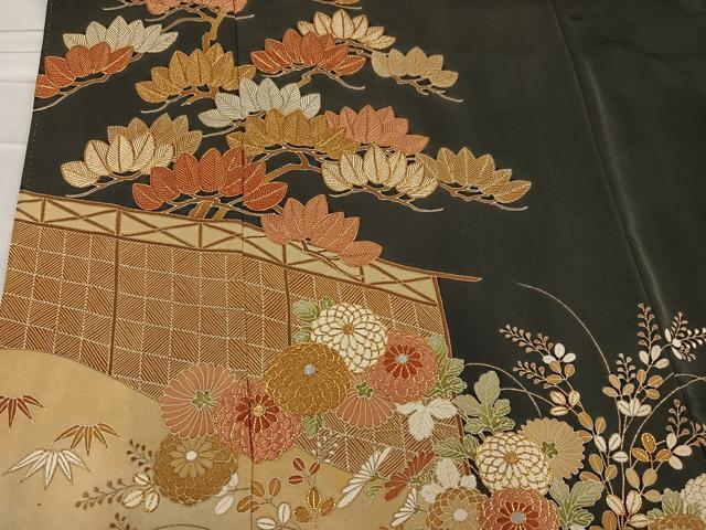 平和屋着物●豪華黒留袖　駒刺繍　枝花文　金彩　正絹　逸品　AABC9331ph