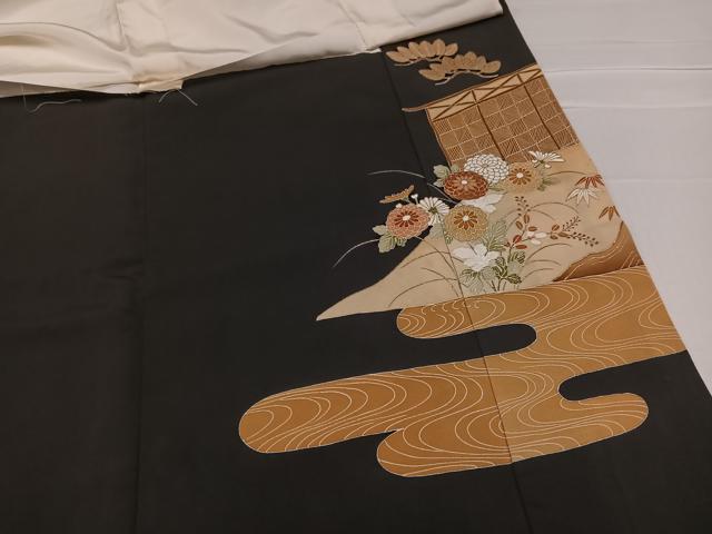 平和屋着物●豪華黒留袖　駒刺繍　枝花文　金彩　正絹　逸品　AABC9331ph