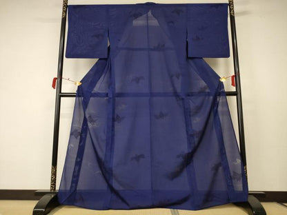 平和屋着物＊夏物 色無地 縦絽 舞花紋紗 濃藍色 正絹 逸品 AABC9368jd