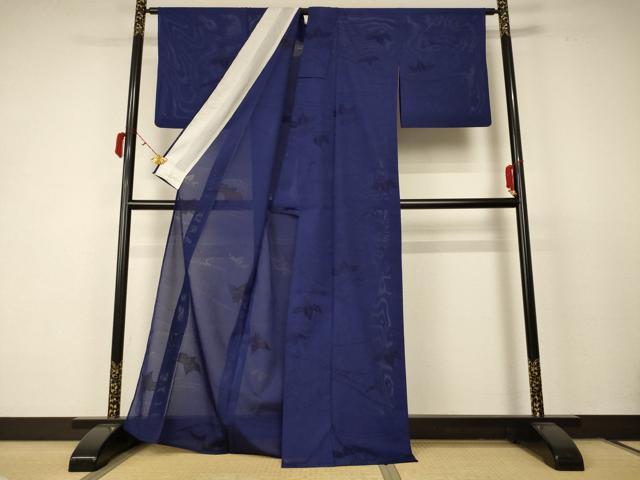 平和屋着物＊夏物 色無地 縦絽 舞花紋紗 濃藍色 正絹 逸品 AABC9368jd