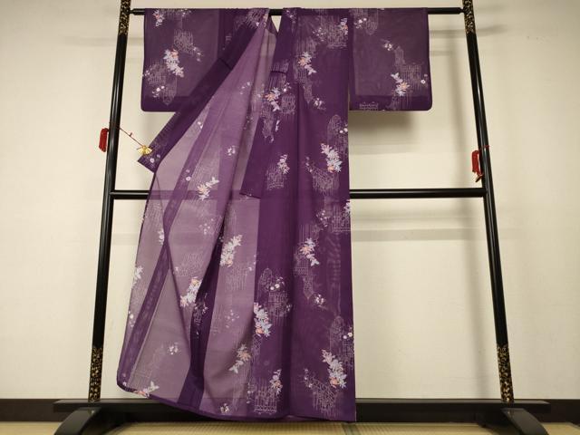 平和屋着物＊夏物 小紋 絽 花蝶文 洗える着物 AABC9373jd