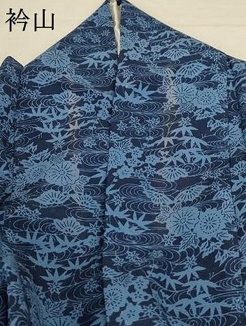 平和屋着物＊夏物 小紋 絽 藍 型染め 流水草花文 正絹 逸品 AABC9402jd