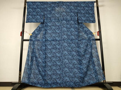 平和屋着物＊夏物 小紋 絽 藍 型染め 流水草花文 正絹 逸品 AABC9402jd