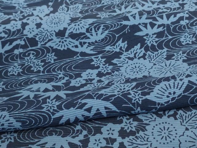 平和屋着物＊夏物 小紋 絽 藍 型染め 流水草花文 正絹 逸品 AABC9402jd