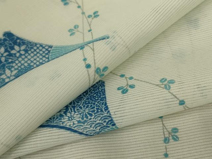 平和屋着物＊夏物　小紋　絽　扇子花文　洗える着物　AABC9405jd