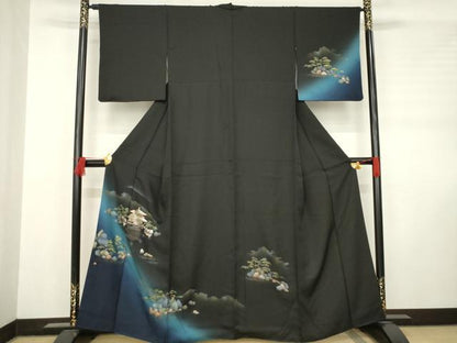 平和屋着物●訪問着　銀閣寺　暈し染め　黒地　金銀彩　正絹　逸品　AABC9441ck