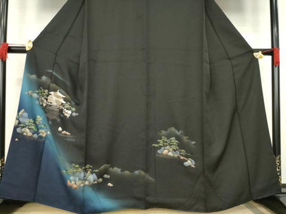 平和屋着物●訪問着　銀閣寺　暈し染め　黒地　金銀彩　正絹　逸品　AABC9441ck