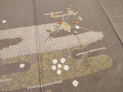 平和屋着物●訪問着　絞り　刺繍　花蝶文　正絹　逸品　AABC9465ck