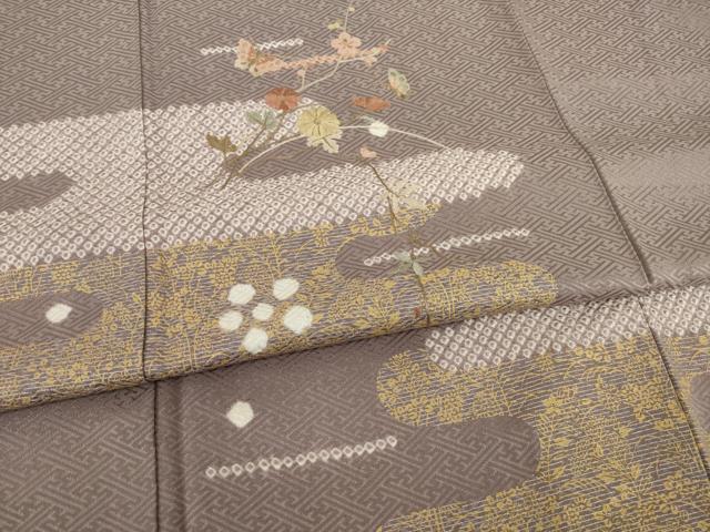平和屋着物●訪問着　絞り　刺繍　花蝶文　正絹　逸品　AABC9465ck