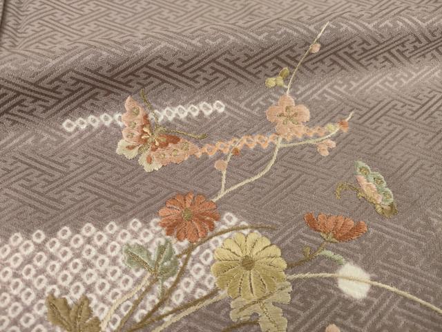 平和屋着物●訪問着　絞り　刺繍　花蝶文　正絹　逸品　AABC9465ck