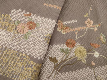 平和屋着物●訪問着　絞り　刺繍　花蝶文　正絹　逸品　AABC9465ck