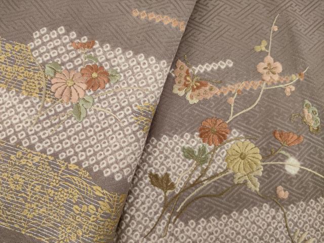 平和屋着物●訪問着　絞り　刺繍　花蝶文　正絹　逸品　AABC9465ck