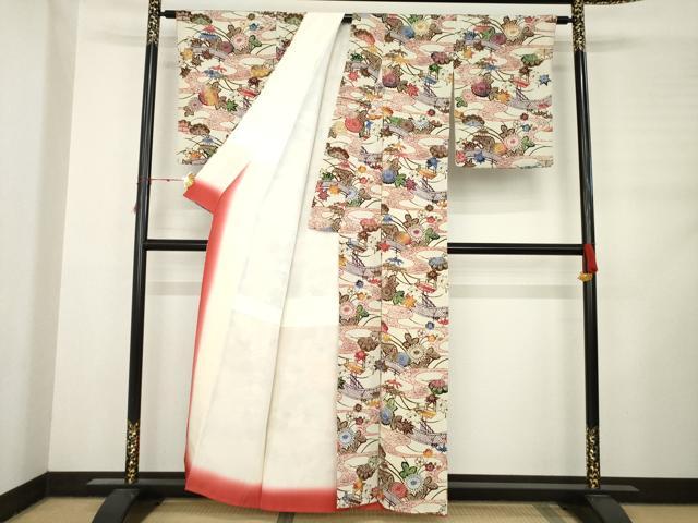 平和屋着物●上質な小紋　風景花文　鬼しぼ縮緬　正絹　逸品　AABF0463fy 平和屋着物○上質な小紋 型染め 風景草花文 鬼しぼ縮緬 正絹 逸品 未