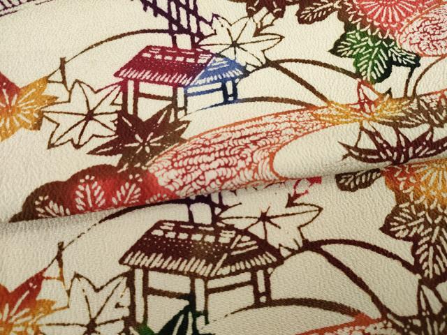 平和屋着物●上質な小紋　風景花文　鬼しぼ縮緬　正絹　逸品　AABF0463fy 平和屋着物○上質な小紋 型染め 風景草花文 鬼しぼ縮緬 正絹 逸品 未