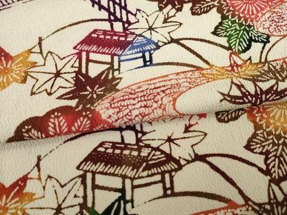 平和屋着物●上質な小紋　型染め　風景花文　鬼しぼ縮緬　正絹　逸品　AABC9466ck