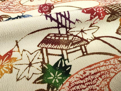 平和屋着物●上質な小紋　型染め　風景花文　鬼しぼ縮緬　正絹　逸品　AABC9466ck