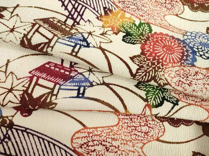 平和屋着物●上質な小紋　型染め　風景花文　鬼しぼ縮緬　正絹　逸品　AABC9466ck