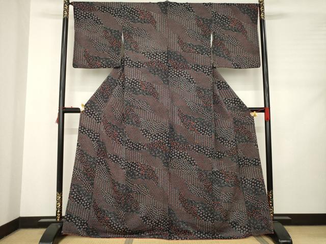 平和屋着物●上質な小紋 道長花文 黒地 正絹 逸品 AABC9477ck