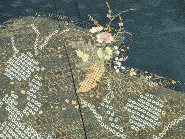 平和屋着物●訪問着 絞り 刺繍 道長花文 金彩 金銀糸 正絹 逸品 AABC9478ck