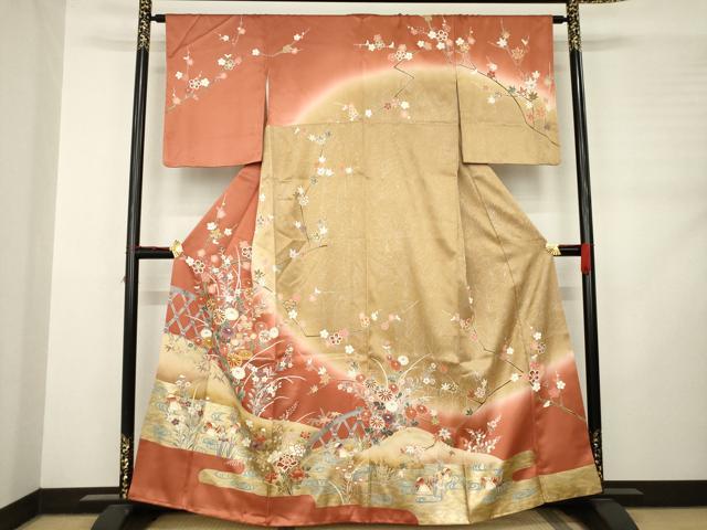 平和屋着物●訪問着 駒刺繍 流水鴛鴦花文 金彩 正絹 逸品 AABC9480ck