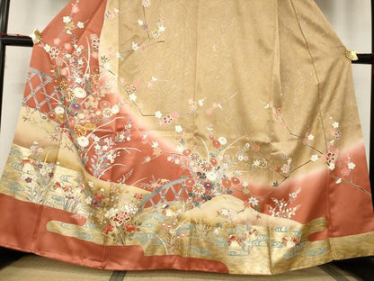 平和屋着物●訪問着 駒刺繍 流水鴛鴦花文 金彩 正絹 逸品 AABC9480ck