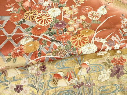 平和屋着物●訪問着 駒刺繍 流水鴛鴦花文 金彩 正絹 逸品 AABC9480ck