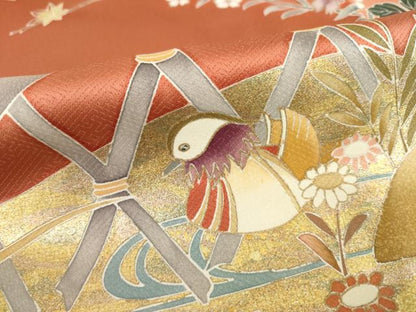 平和屋着物●訪問着 駒刺繍 流水鴛鴦花文 金彩 正絹 逸品 AABC9480ck