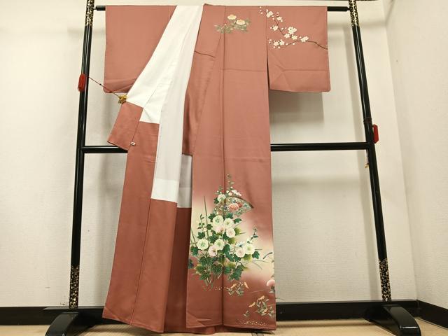 平和屋着物●訪問着　作家物　立葵　地紙枝花文　暈し染め　金彩　さが美扱い　正絹　逸品　未使用　AABC9649ph