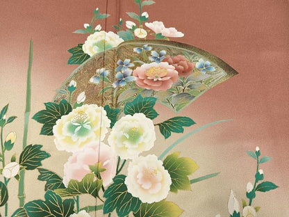 平和屋着物●訪問着　作家物　立葵　地紙枝花文　暈し染め　金彩　さが美扱い　正絹　逸品　未使用　AABC9649ph