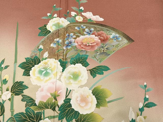 平和屋着物●訪問着　作家物　立葵　地紙枝花文　暈し染め　金彩　さが美扱い　正絹　逸品　未使用　AABC9649ph