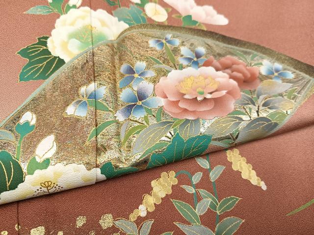 平和屋着物●訪問着　作家物　立葵　地紙枝花文　暈し染め　金彩　さが美扱い　正絹　逸品　未使用　AABC9649ph