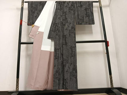 平和屋着物●本塩沢　110亀甲　草花文　正絹　逸品　AABC9673ph