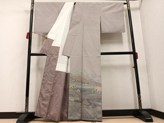 平和屋着物●紬 訪問着 遠山樹林文 正絹 逸品 AABC9676ph