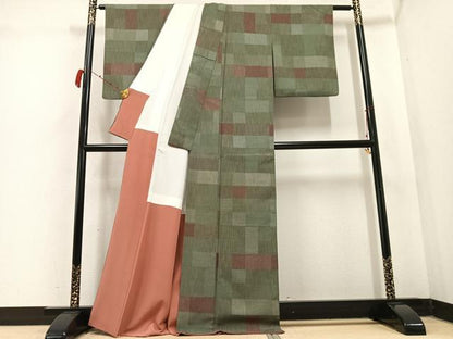 平和屋着物●お召　幾何学文様　正絹　逸品　AABC9682ph