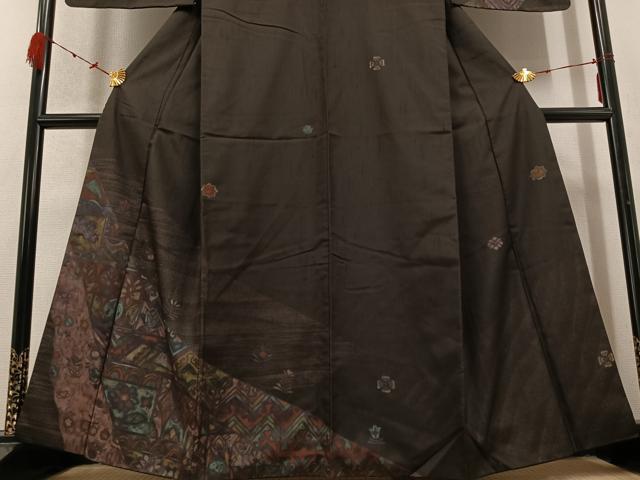 平和屋着物●訪問着　紬地　ろうけつ染　草花文　正絹　逸品　AABC9690ph